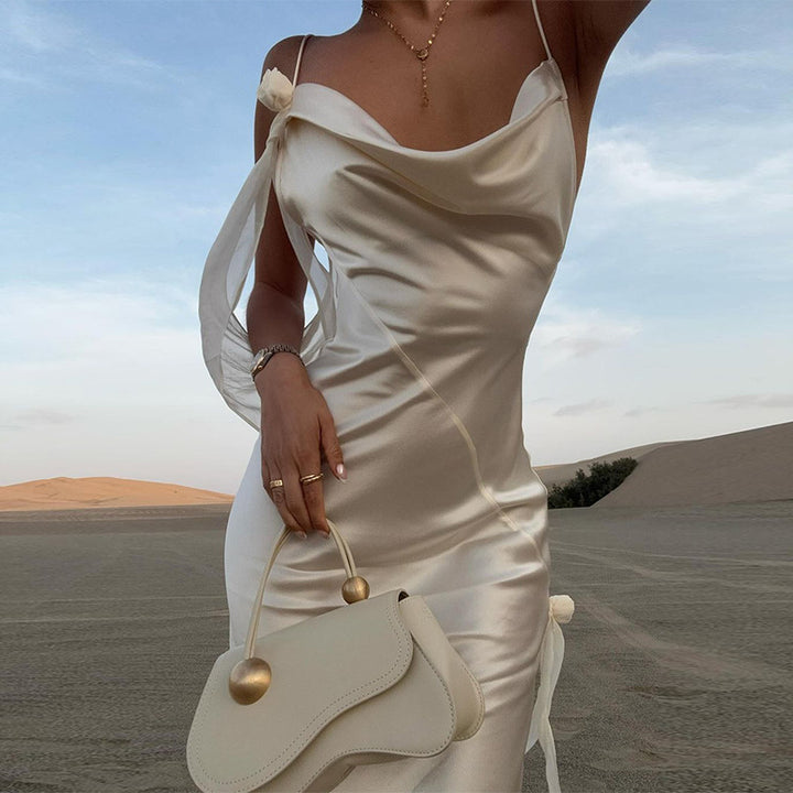 Damer Elegant Satin-Wrap Klänning med förförisk U-ringning och Spagetti-remmar Mirla-Eva Jonsson