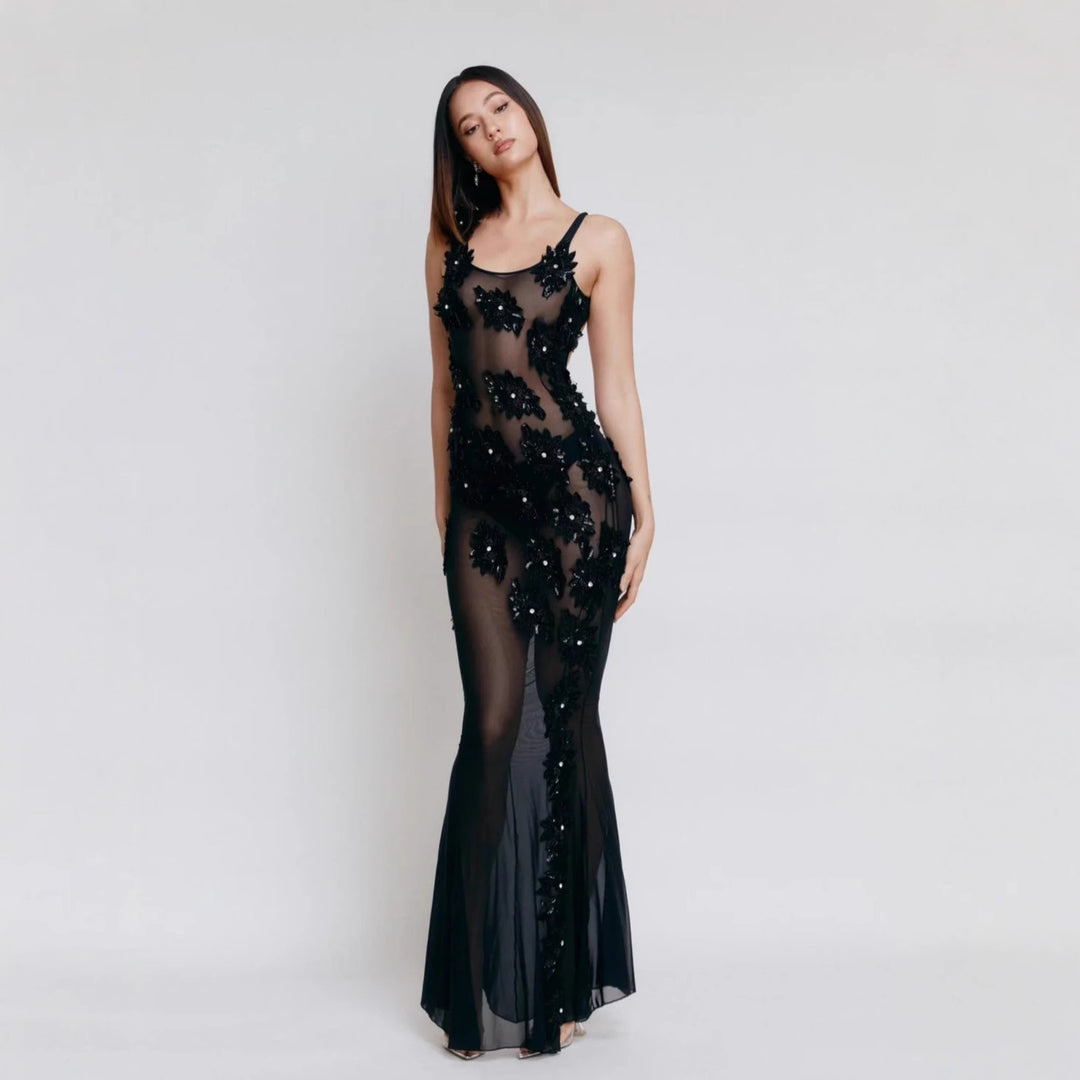 Damer Elegant Semi-Transparenta Aftonklänning med blommiga paljetter och figurnära skärning Mirla-Eva Jonsson