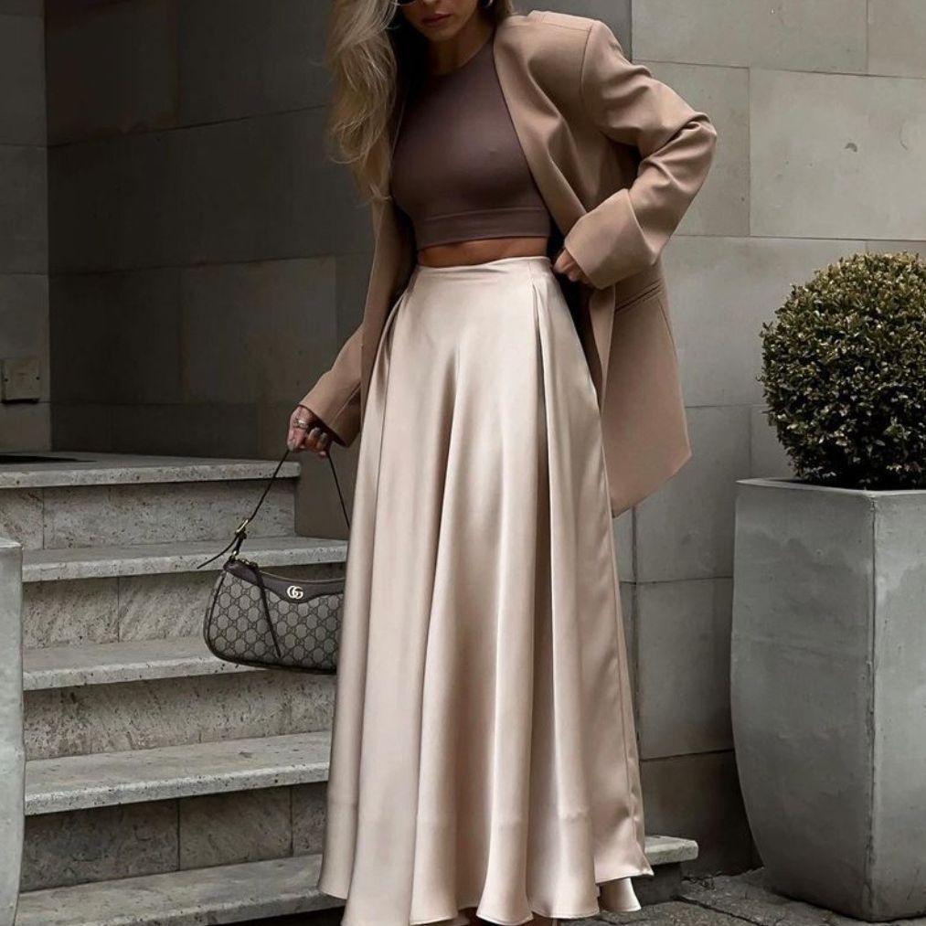 Damer Elegant Siden-Midkjol med hög midja och midjebälte Mirla-Eva Jonsson