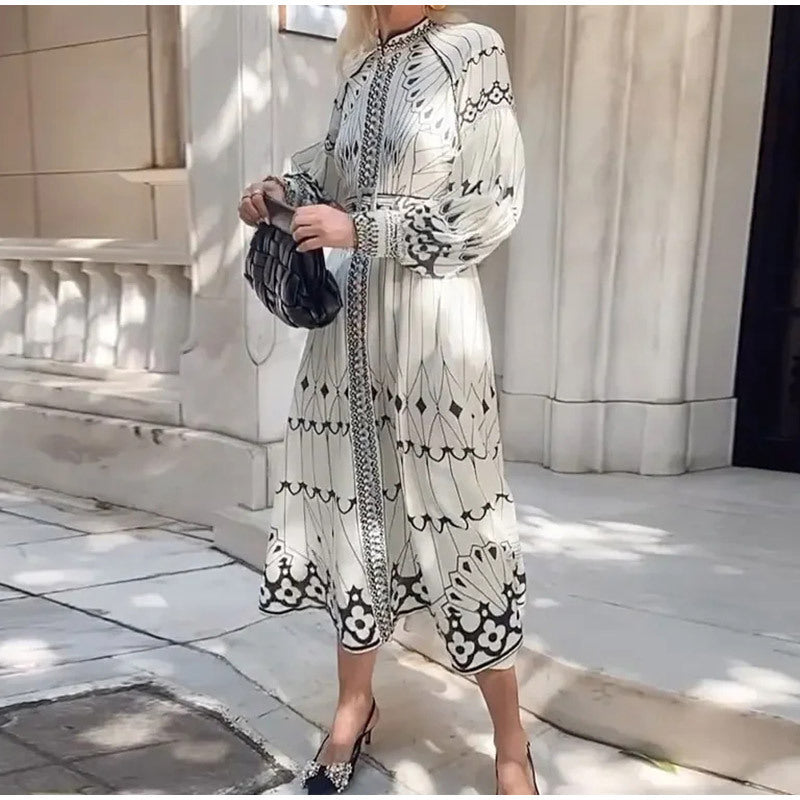 Damer Elegant Skjortklänning med Grafiskt Mönster och Svingande Ärmar-Eva Jonsson