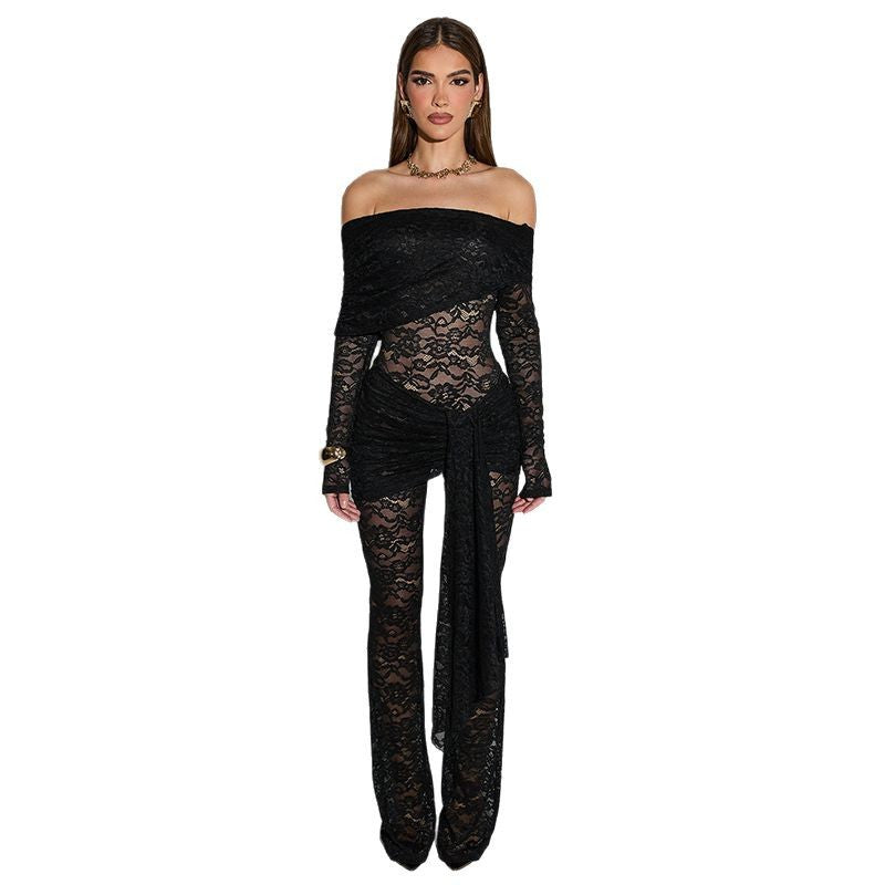 Damer Elegant Spets-Byxdress med off-shoulder design och omslags effekt Mirla-Eva Jonsson