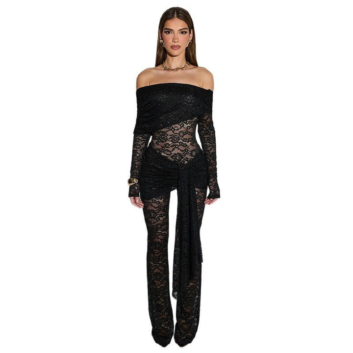 Damer Elegant Spets-Byxdress med off-shoulder design och omslags effekt Mirla-Eva Jonsson