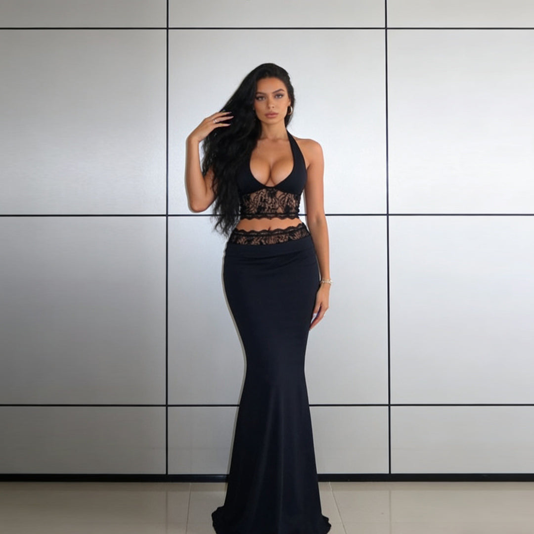 Damer Elegant Spets Crop Top med högskuren Maxikjol Mirla-Eva Jonsson