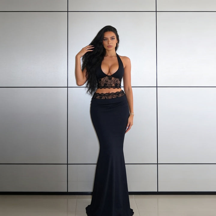 Damer Elegant Spets Crop Top med högskuren Maxikjol Mirla-Eva Jonsson