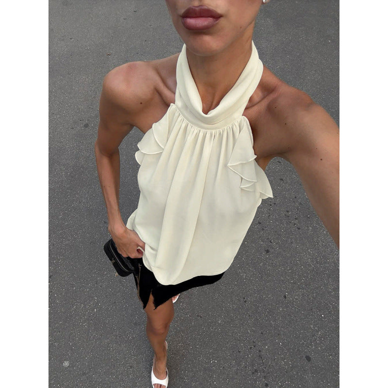 Damer Elegant Spets Halterneck Topp med Volangdetaljer Mirla-Eva Jonsson