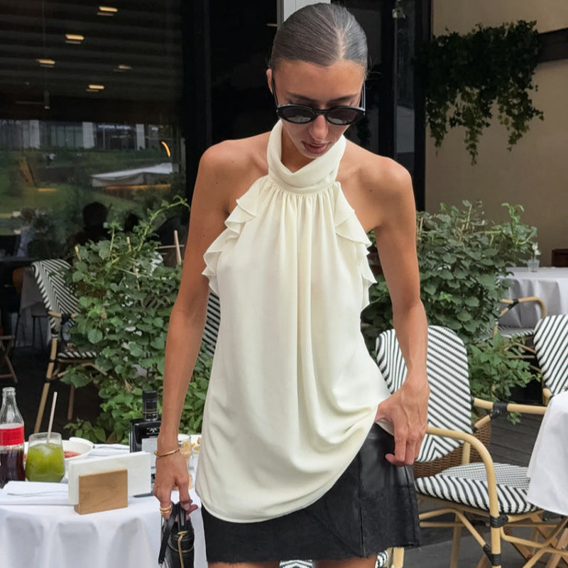 Damer Elegant Spets Halterneck Topp med Volangdetaljer Mirla-Eva Jonsson