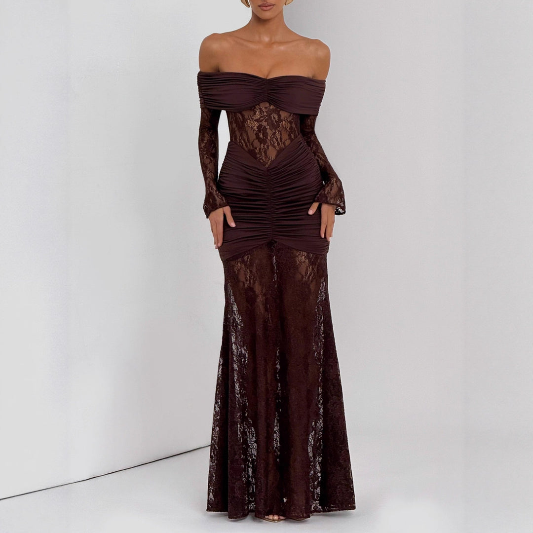 Damer Elegant Spets Maxi Klänning med elegant Off-Shoulder Design och Rynkor Mirla-Eva Jonsson