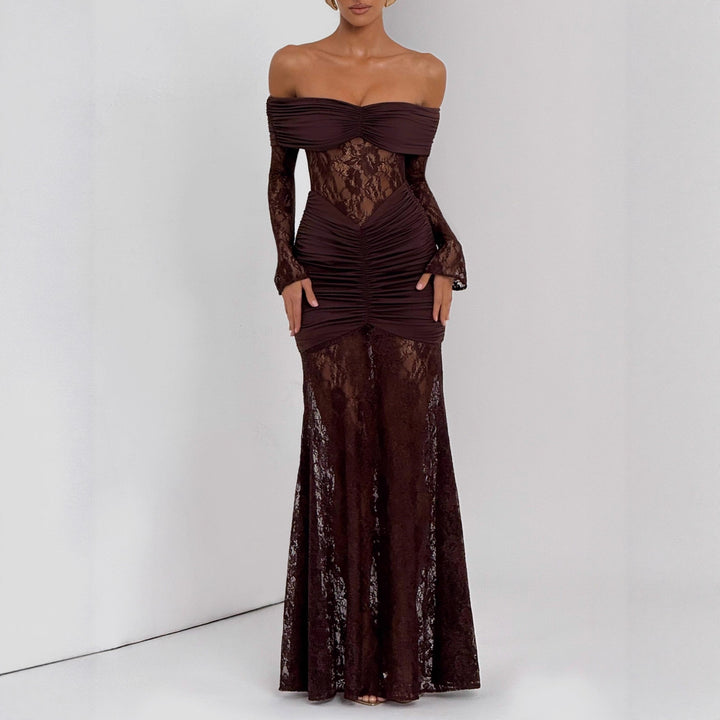 Damer Elegant Spets Maxi Klänning med elegant Off-Shoulder Design och Rynkor Mirla-Eva Jonsson