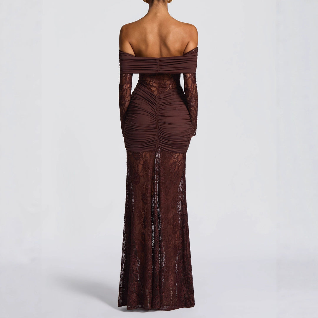 Damer Elegant Spets Maxi Klänning med elegant Off-Shoulder Design och Rynkor Mirla-Eva Jonsson