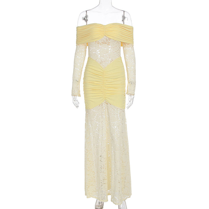 Damer Elegant Spets Maxi Klänning med elegant Off-Shoulder Design och Rynkor Mirla-Eva Jonsson