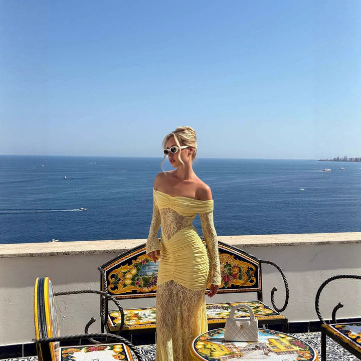 Damer Elegant Spets Maxi Klänning med elegant Off-Shoulder Design och Rynkor Mirla-Eva Jonsson