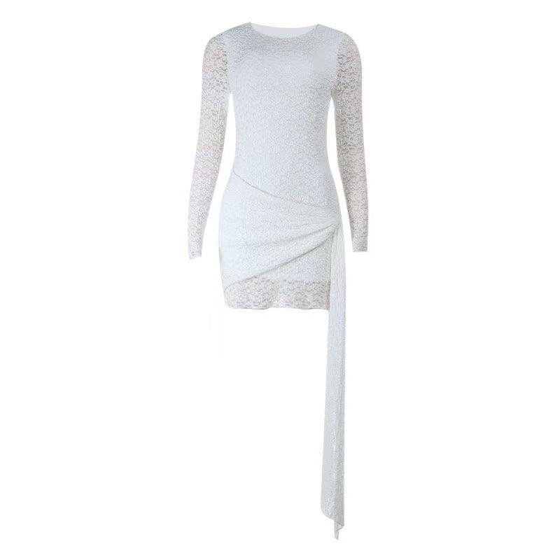 Damer Elegant Spets Mini Klänning med asymmetrisk Snitt och Svängande Kjol Mirla-Eva Jonsson