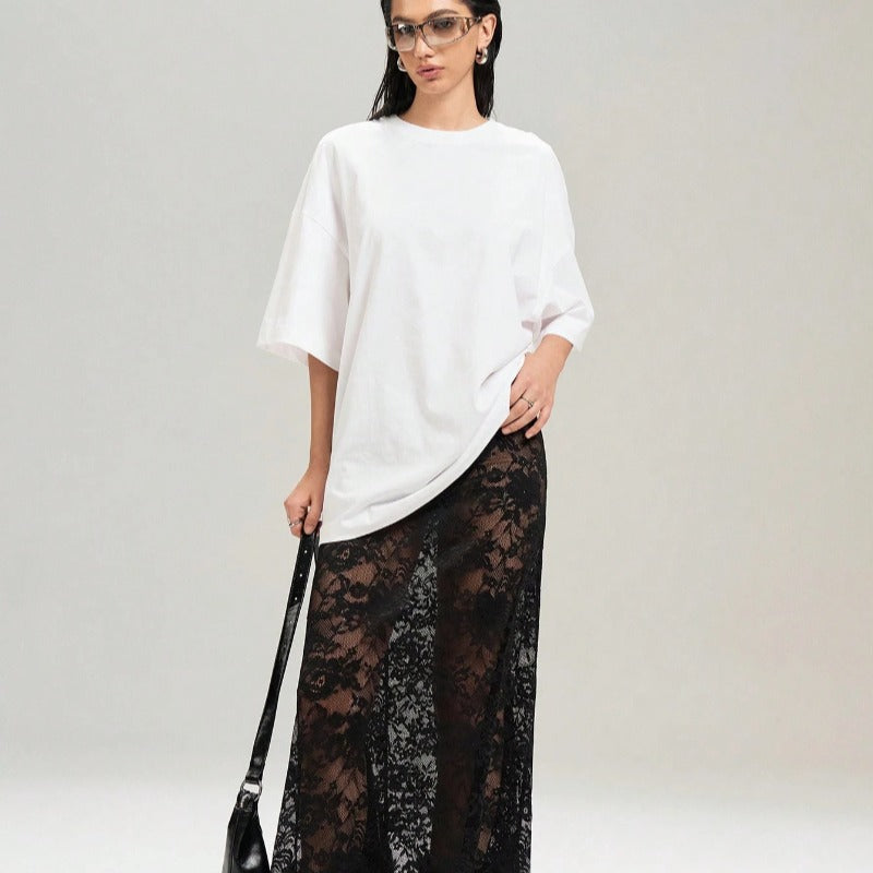 Damer Elegant Spetsmaxi-kjol med genomskinlig design och sidostickning Mirla-Eva Jonsson