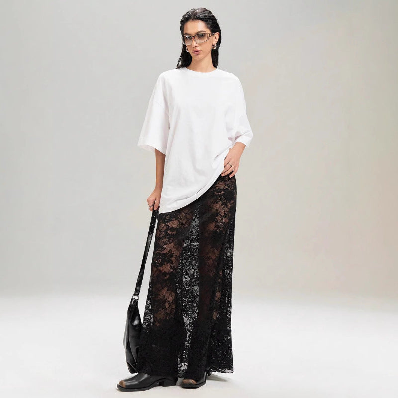 Damer Elegant Spetsmaxi-kjol med genomskinlig design och sidostickning Mirla-Eva Jonsson