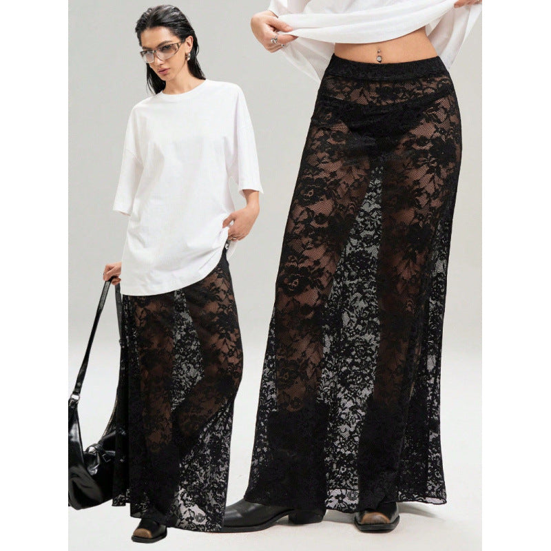 Damer Elegant Spetsmaxi-kjol med genomskinlig design och sidostickning Mirla-Eva Jonsson