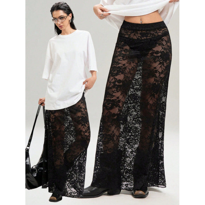Damer Elegant Spetsmaxi-kjol med genomskinlig design och sidostickning Mirla-Eva Jonsson