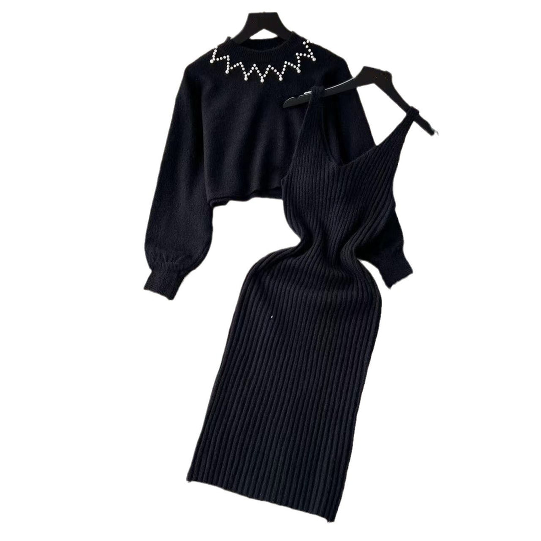 Damer Elegant Stickad Klänning med Raffinerad Ribstruktur och Stilig Crop-Pullover Eva Jonsson-Eva Jonsson