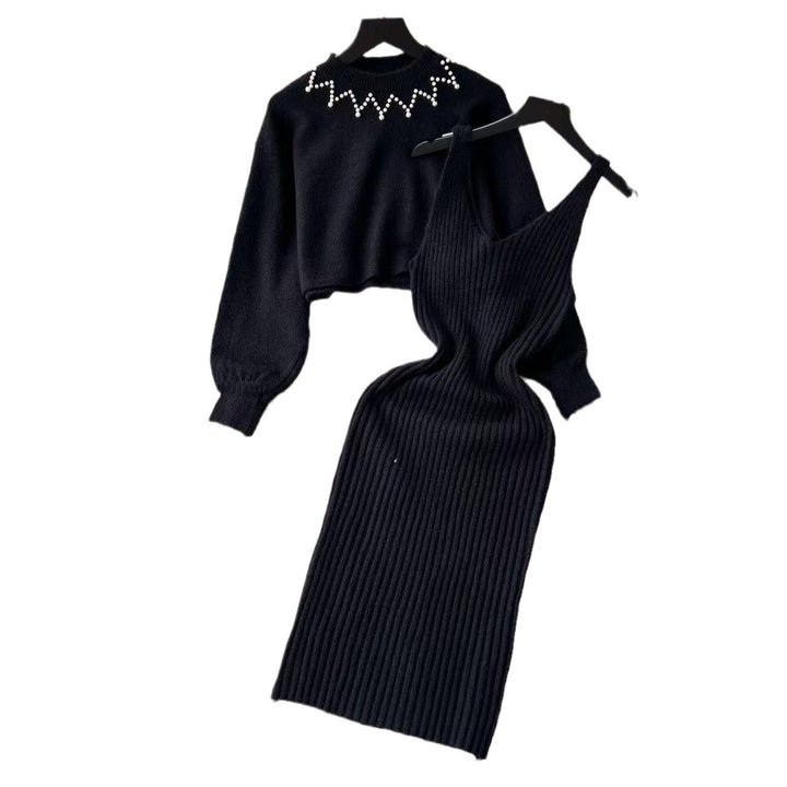 Damer Elegant Stickad Klänning med Raffinerad Ribstruktur och Stilig Crop-Pullover Eva Jonsson-Eva Jonsson