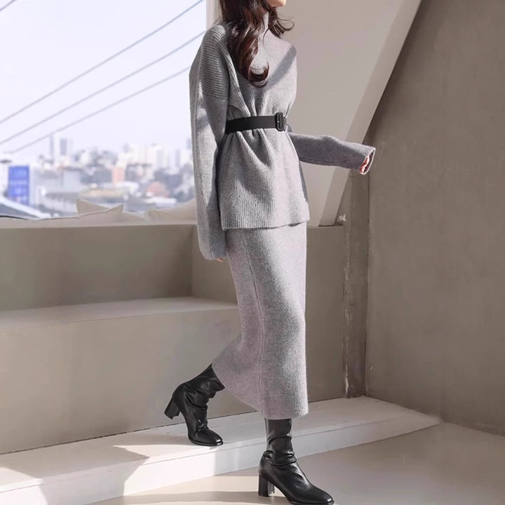 Damer Elegant Stickad Outfit med Midjebälte Eva Jonsson-Eva Jonsson