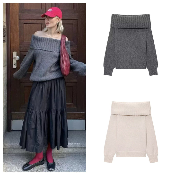 Damer Elegant Stickad tröja med överlappande axlar Mirla-Eva Jonsson