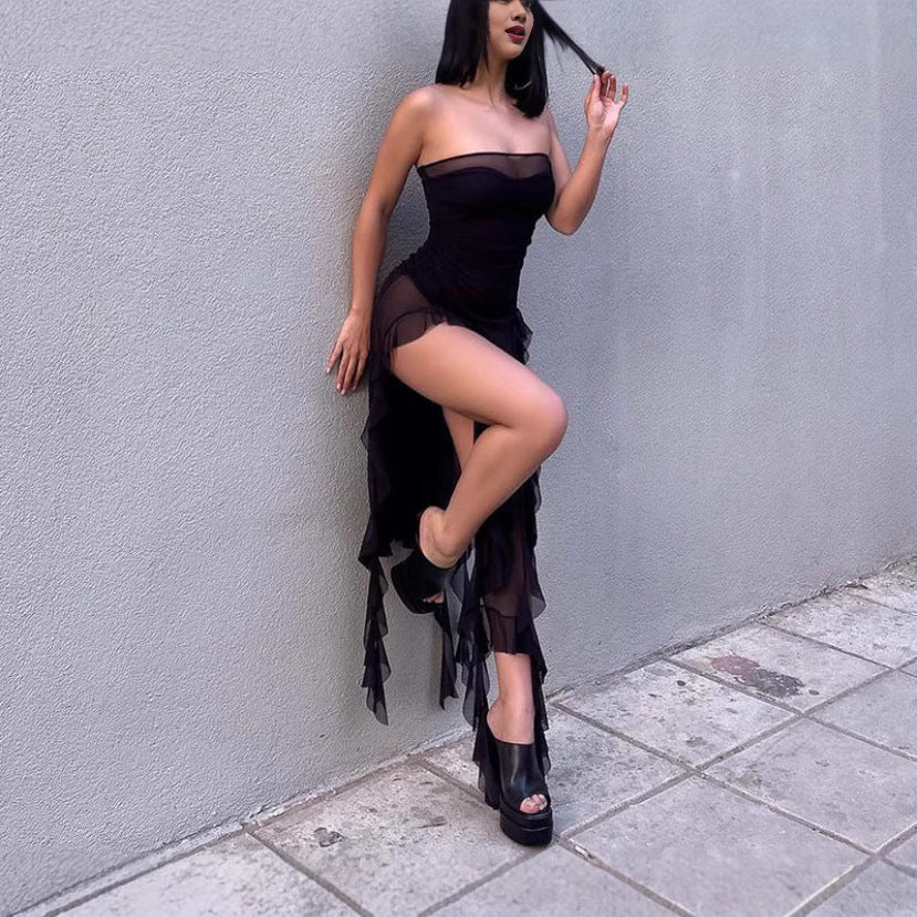 Damer Elegant Strapless Maxiklänning med transparenta volanger Eva Jonsson-Eva Jonsson