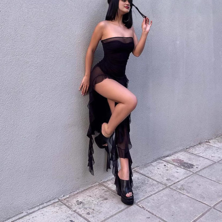Damer Elegant Strapless Maxiklänning med transparenta volanger Eva Jonsson-Eva Jonsson