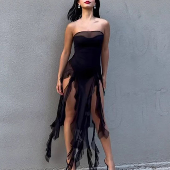 Damer Elegant Strapless Maxiklänning med transparenta volanger Eva Jonsson-Eva Jonsson