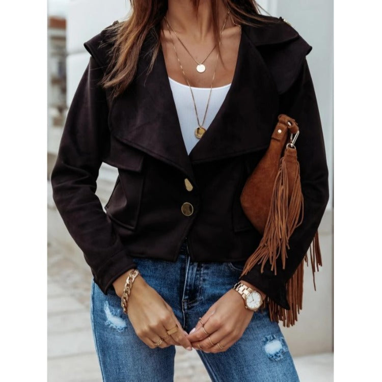 Damer Elegant Suede-Jacka med asymmetrisk krage och dekorativa knappdetaljer Mirla-Eva Jonsson