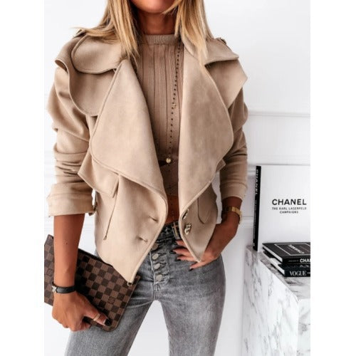 Damer Elegant Suede-Jacka med asymmetrisk krage och dekorativa knappdetaljer Mirla-Eva Jonsson