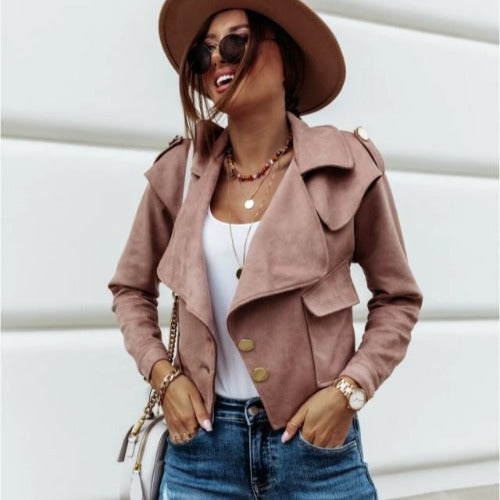 Damer Elegant Suede-Jacka med asymmetrisk krage och dekorativa knappdetaljer Mirla-Eva Jonsson