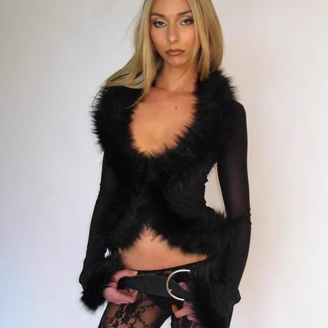 Damer Elegant Transparent Blus med Pälsdetalj Mirla-Eva Jonsson