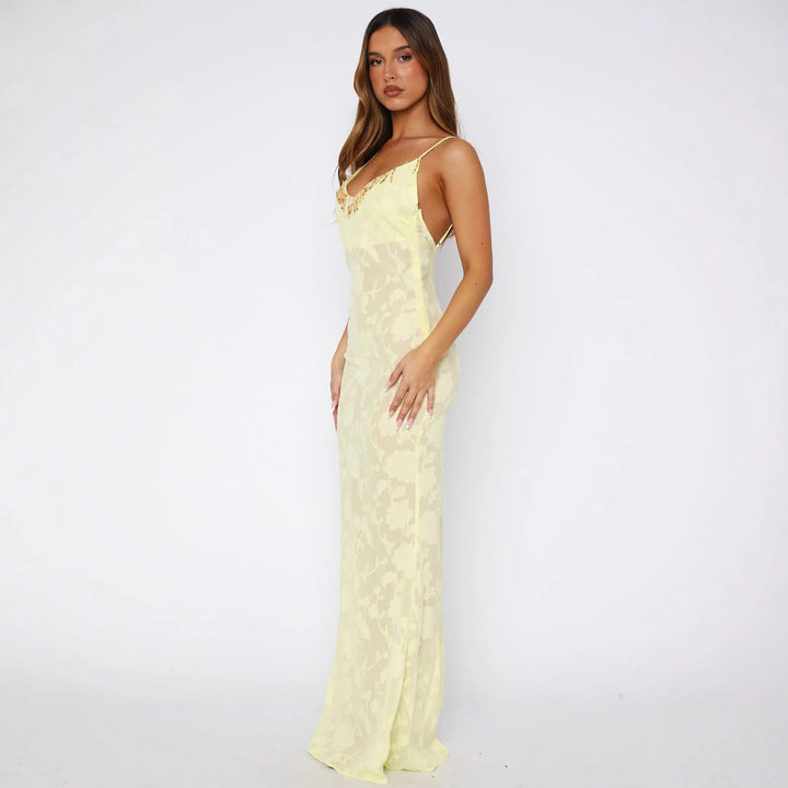 Damer Elegant Transparent Wrap Klänning med blommönster och glittrande U-ringning Mirla-Eva Jonsson
