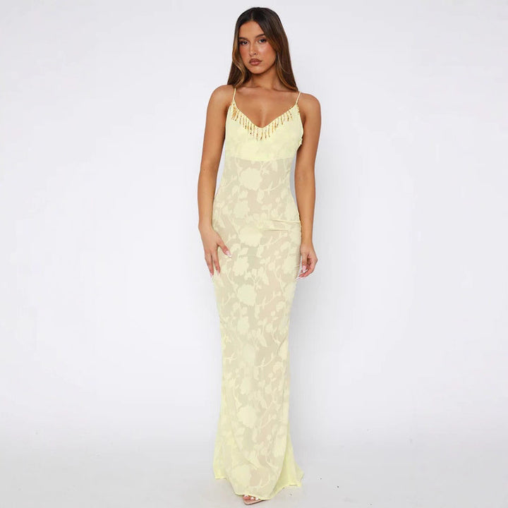 Damer Elegant Transparent Wrap Klänning med blommönster och glittrande U-ringning Mirla-Eva Jonsson