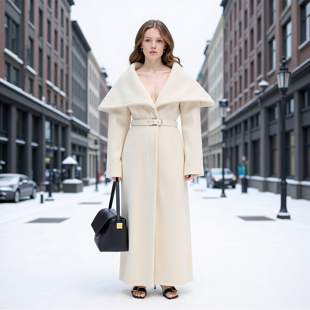 Damer Elegant Trench Coat med Överdimensionerad Krage och Justerbart Midjebälte Mirla-Eva Jonsson