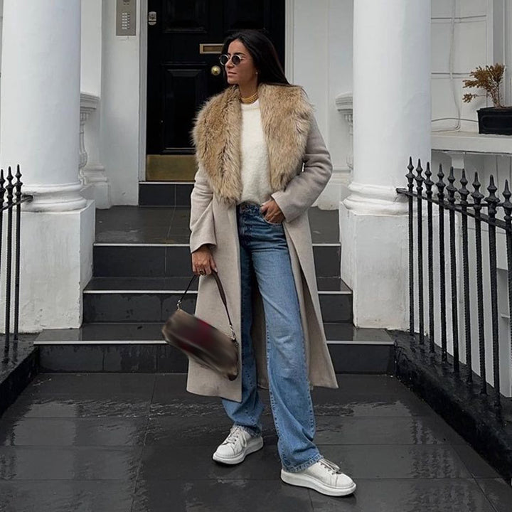 Damer Elegant Trenchcoat med mysig Faux-Fur-Kragi och midjejusterbart bälte Eva Jonsson-Eva Jonsson