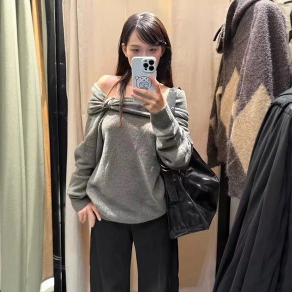 Damer Elegant Tröja med Asymmetrisk Sjalkrage och Dekorativ Stängning Mirla-Eva Jonsson