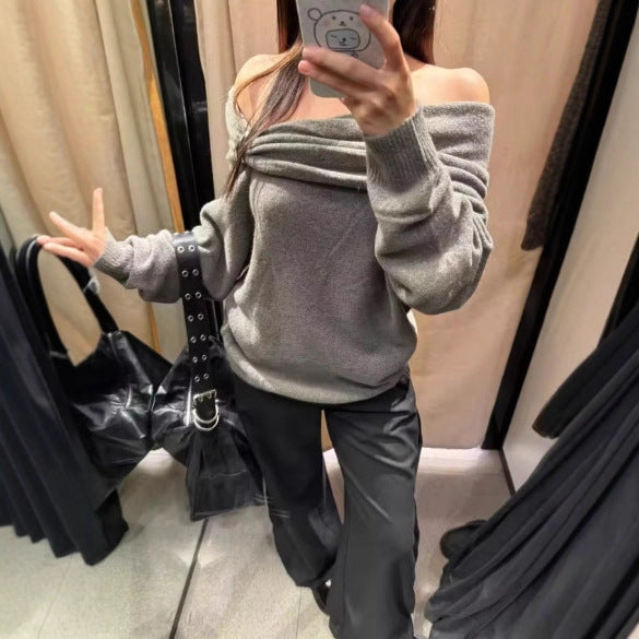 Damer Elegant Tröja med Asymmetrisk Sjalkrage och Dekorativ Stängning Mirla-Eva Jonsson