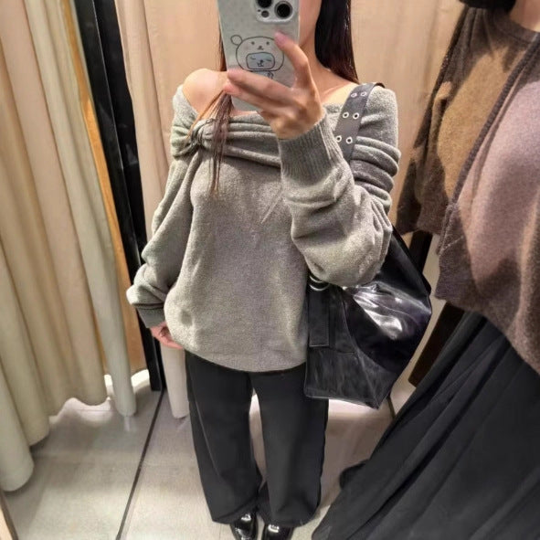 Damer Elegant Tröja med Asymmetrisk Sjalkrage och Dekorativ Stängning Mirla-Eva Jonsson