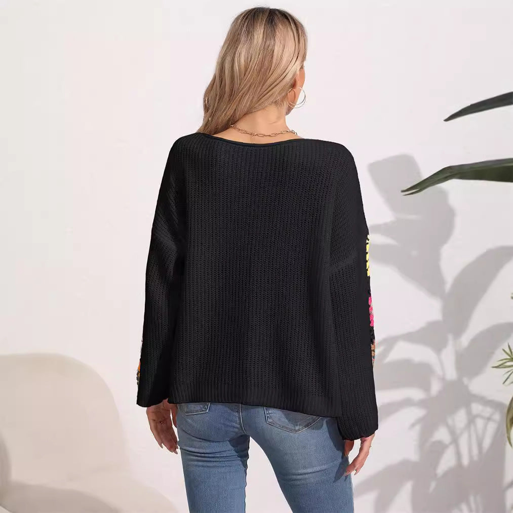 Damer Elegant Tröja med Färgglada Häkade Applikationer På Ärmarna Mirla-Eva Jonsson