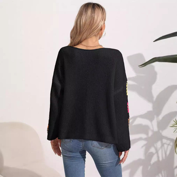 Damer Elegant Tröja med Färgglada Häkade Applikationer På Ärmarna Mirla-Eva Jonsson
