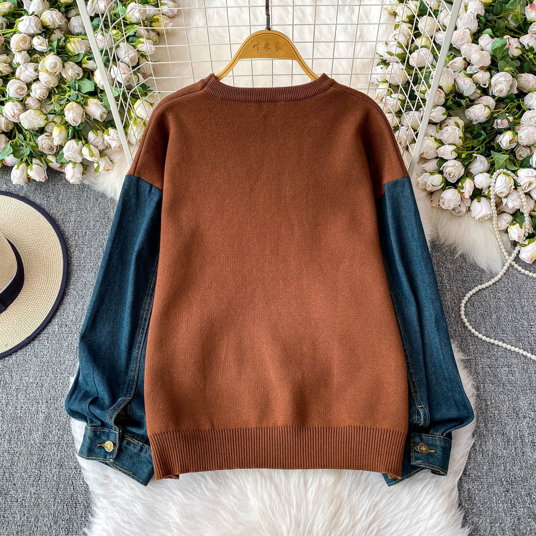 Damer Elegant Tröja med Fjärils Motiv och Denim Ärmar Mirla-Eva Jonsson