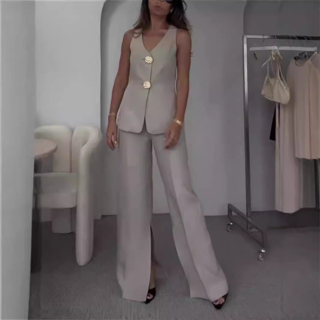 Damer Elegant Tvådelad Set med V-hals och dekorativa knappar Mirla-Eva Jonsson