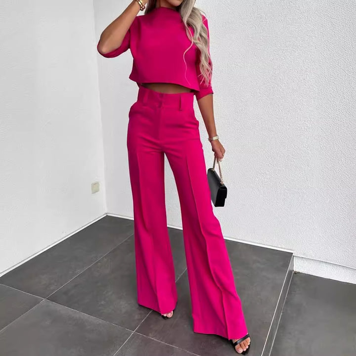 Damer Elegant Tvådelat Blazer Set med Högmidjade Byxor och Modern Crop Top-Eva Jonsson