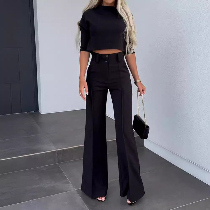 Damer Elegant Tvådelat Blazer Set med Högmidjade Byxor och Modern Crop Top-Eva Jonsson