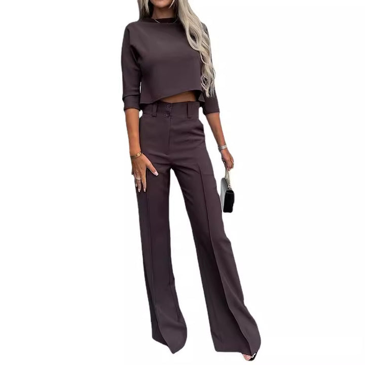 Damer Elegant Tvådelat Blazer Set med Högmidjade Byxor och Modern Crop Top-Eva Jonsson