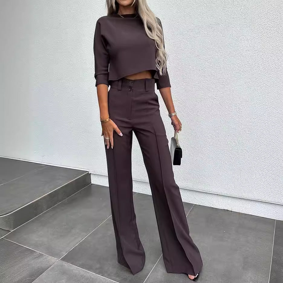 Damer Elegant Tvådelat Blazer Set med Högmidjade Byxor och Modern Crop Top-Eva Jonsson