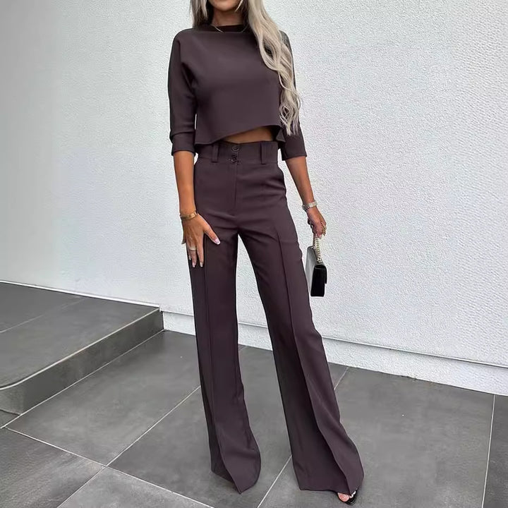 Damer Elegant Tvådelat Blazer Set med Högmidjade Byxor och Modern Crop Top-Eva Jonsson