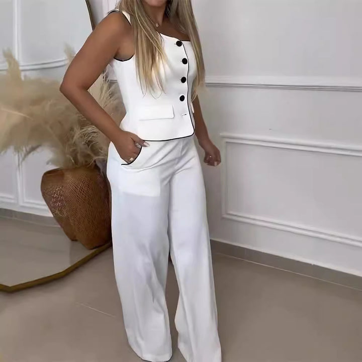 Damer Elegant Tvådelat Outfit med Smyckeknappar och Vida Byxor Mirla-Eva Jonsson