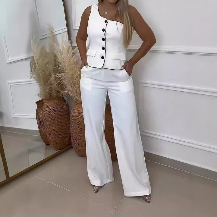 Damer Elegant Tvådelat Outfit med Smyckeknappar och Vida Byxor Mirla-Eva Jonsson
