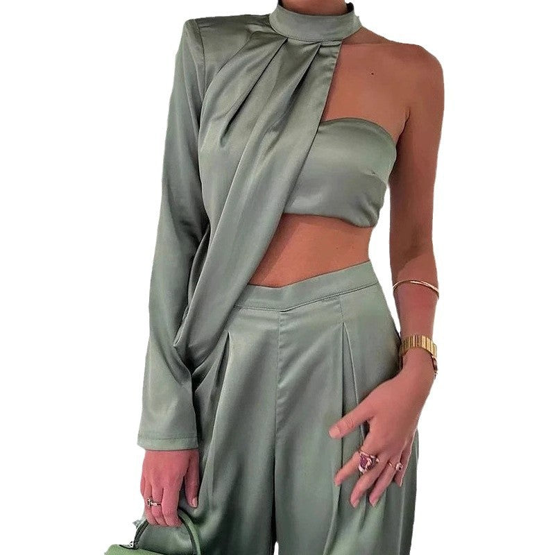 Damer Elegant Tvådelat Set med asymmetrisk Topp och Vida Byxor Mirla-Eva Jonsson